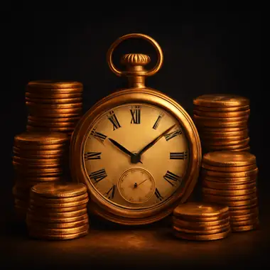 Money Time: Gouden klok geplaatst tussen stapels glinsterende munten.